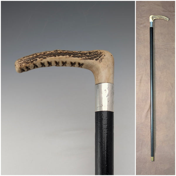 1914 年英國古董黑軸 L 形鹿角手柄純銀裝飾手杖 手杖 88 厘米